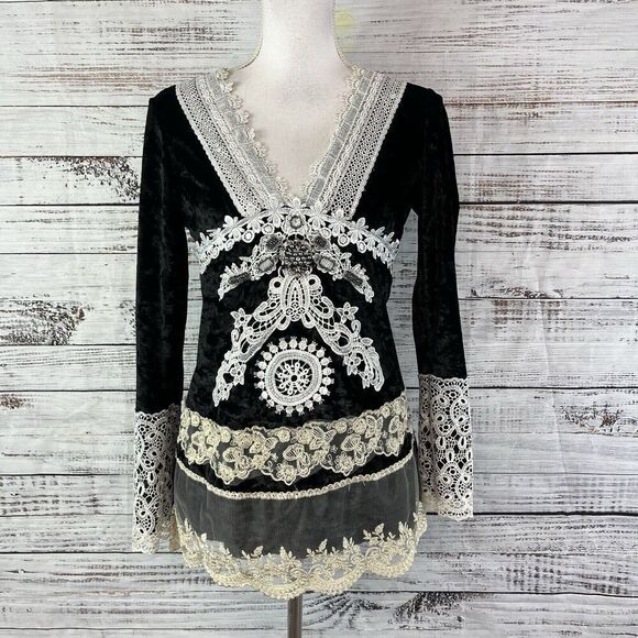 Passion Concept Blouse Tunic sz Small Black Velveteen Lace Beads Gothic Wedding - Picture 2 of 14